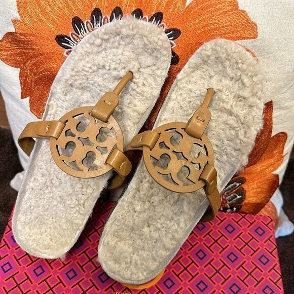 TORY BURCH CLOUD SHEARLING LEATHER MILLER SANDALS NATURAL CORK VGUC SZ 8M - Picture 5 of 14